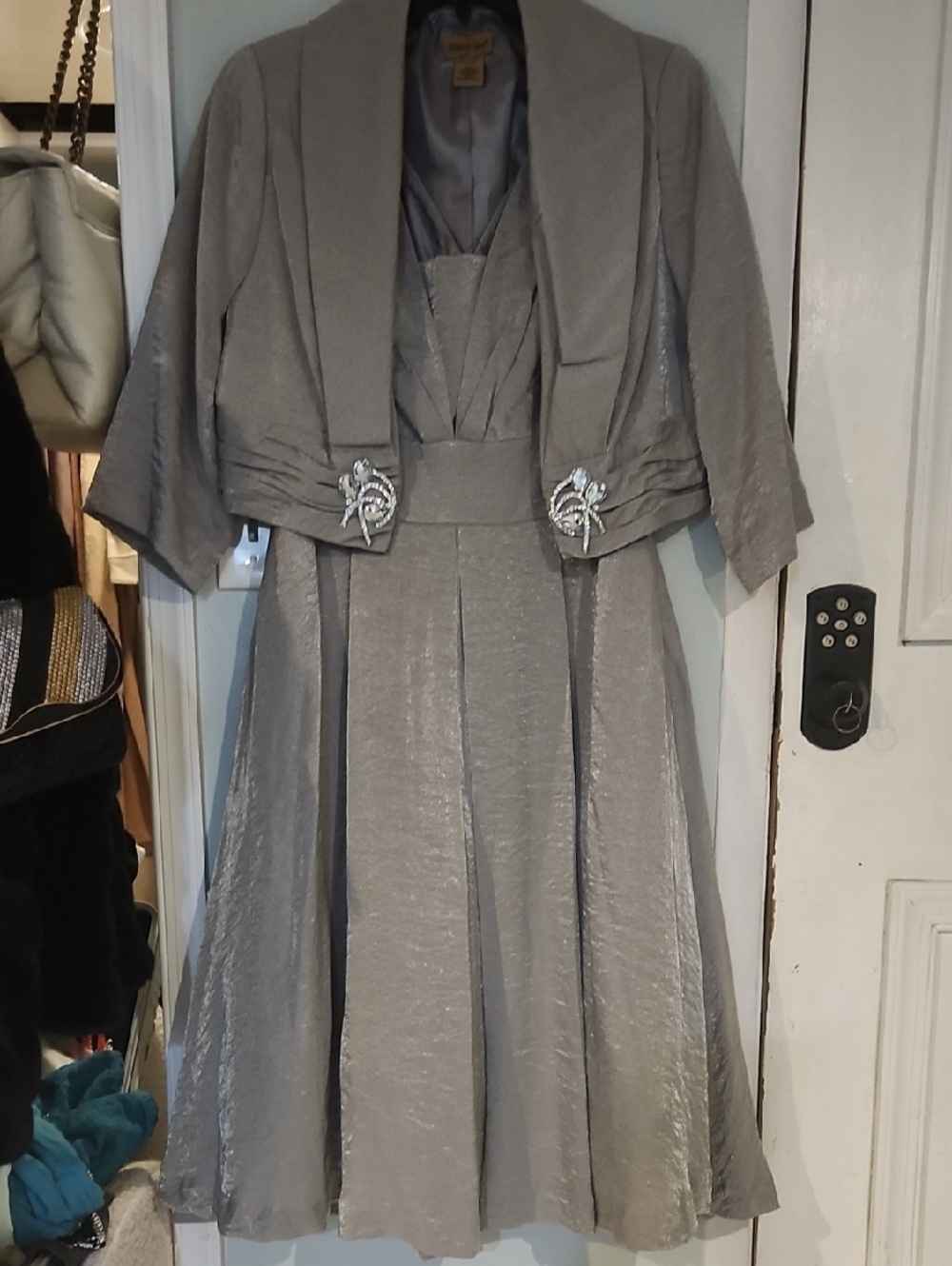 Midnight Velvet Silver Gray Long Sleeve Dress with Bolero Jacket